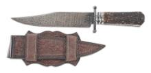 CAS DAMASCUS BLADE BOWIE KNIFE WITH TOOLED LEATHER SCABBARD.