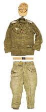 GERMAN WWII LUFTWAFFE TROPICAL UNIFORM WITH TUNIC, TROUSERS, HAT, AND BELT.