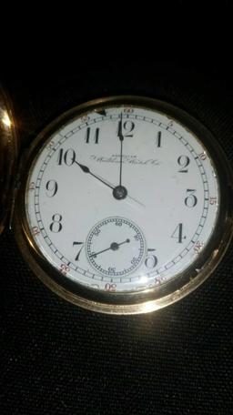 Waltham pocket watch with hunters case 21 jewel, lever set had a chip on dial