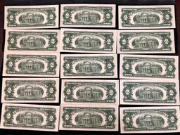 Lot of 16 $2 Red Seal Bills