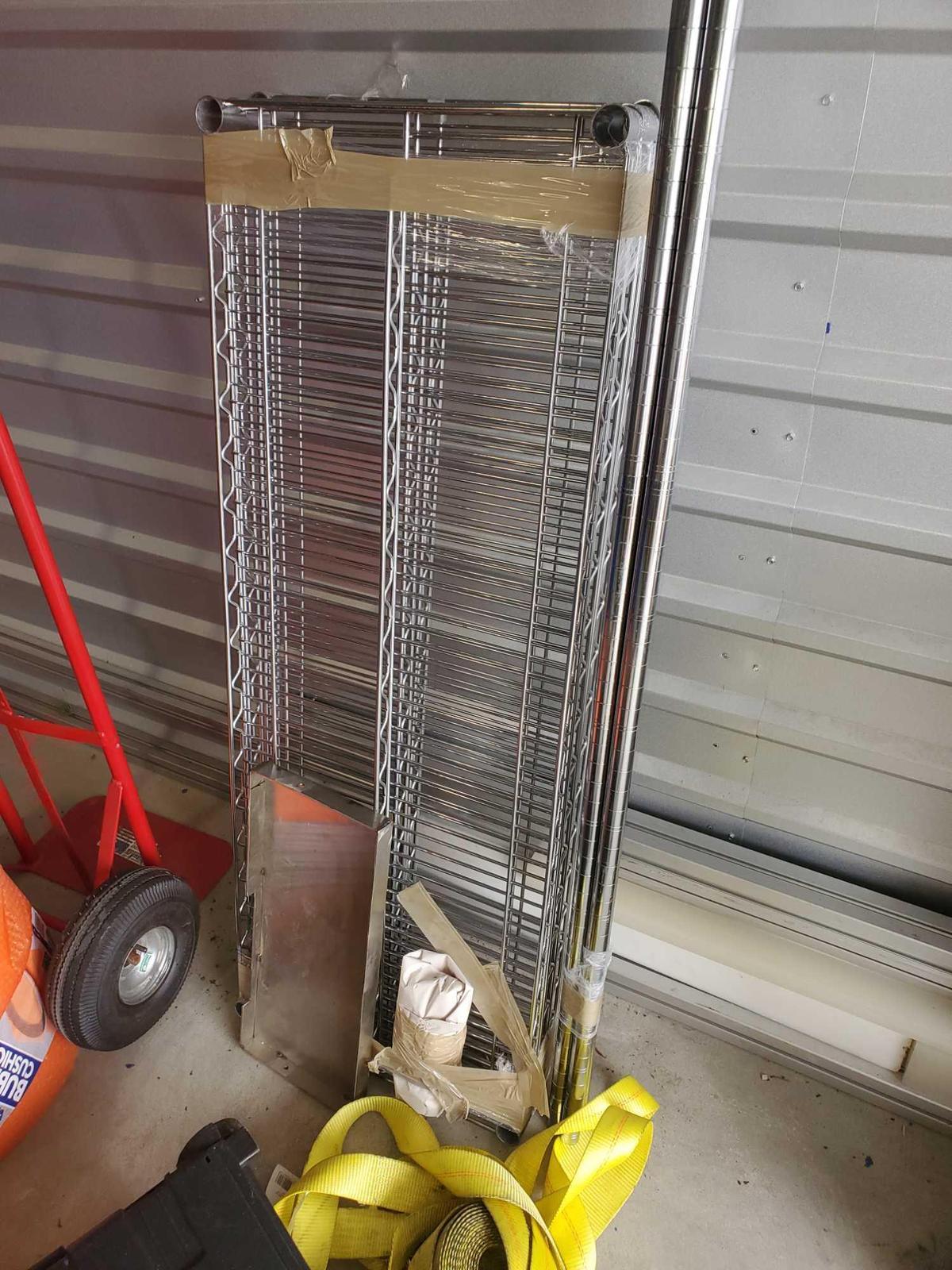 Long group of metal shelves