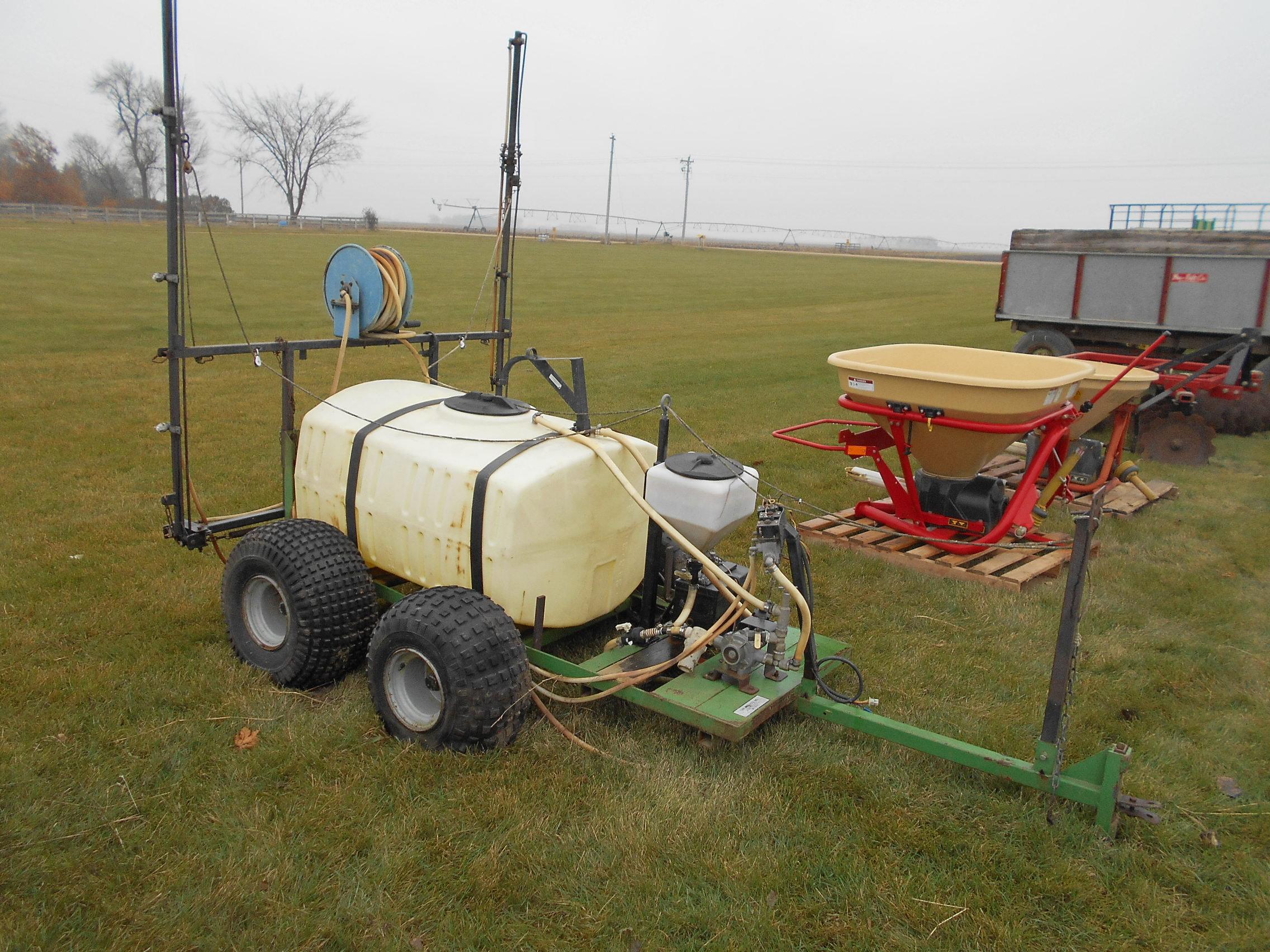 140 Gal. sprayer w/boom, tandem ax tufr tires, AS-IS has not been used in a while