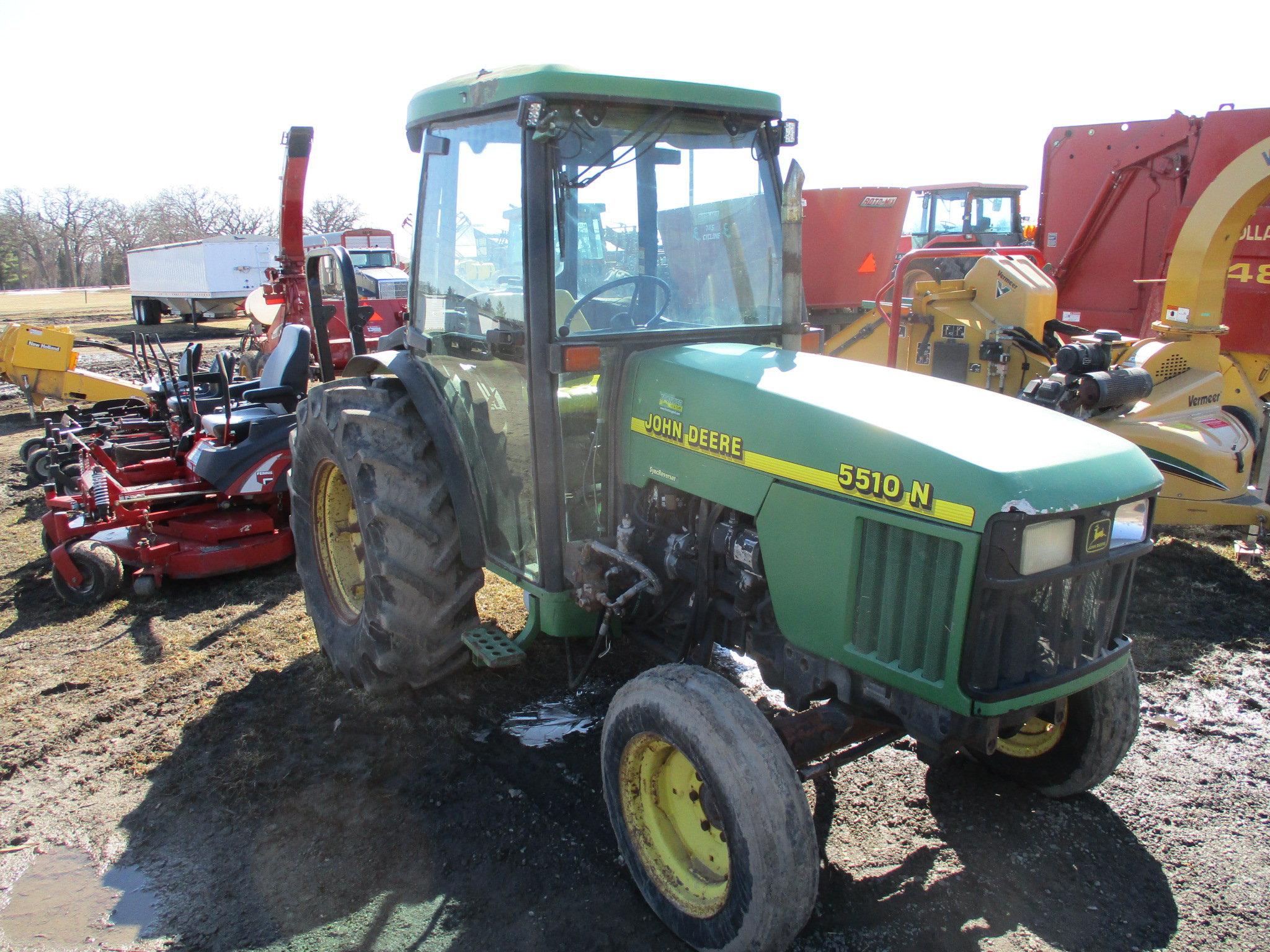 John Deere 5510N, 6,531 hrs. showing, cab, AC, heat, radio, Sync reverser, 3pt. dual hyd, PTO