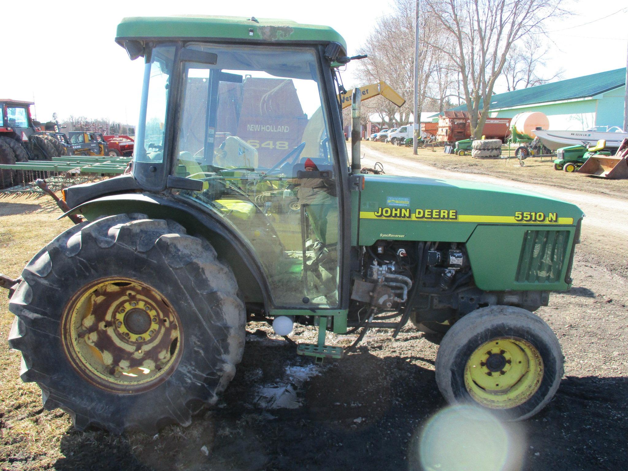 John Deere 5510N, 6,531 hrs. showing, cab, AC, heat, radio, Sync reverser, 3pt. dual hyd, PTO