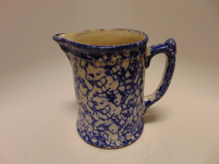 BLUE AND WHITE SPONGE 7" TALL PITCHER, EXCELLENT CONDITION