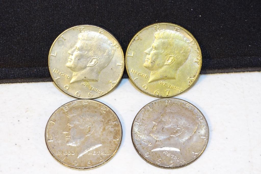 4 KENNEDY HALF DOLLARS 1964,65,66,67