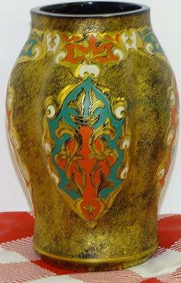 GOLD & ENAMEL BLACK GLASS VASE 6" TALL