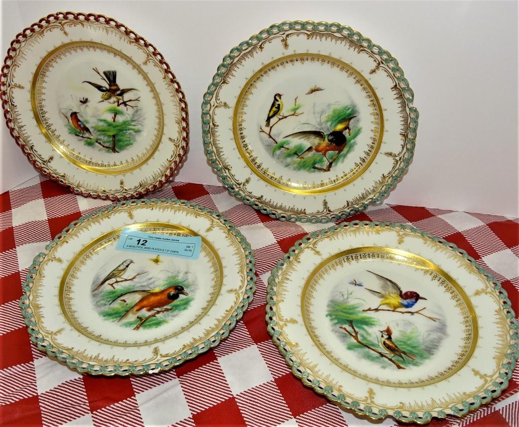 4 BEAUTIFUL BIRD PLATES 8 7.5" CHIPS AROUND EDGE