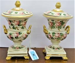 PAIR OF VINTAGE COVERED URNS HANDLED PINK ROSES