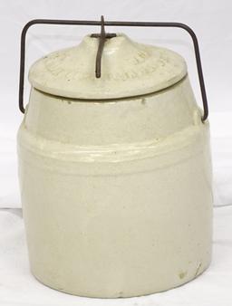 WHITE POTTERY CROCK WITH LID 10.5" WIRE HANDLE
