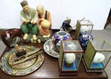 LARGE LOT OF ASIAN ITEMS-FIGURINES,EGGS BRASS PLATE