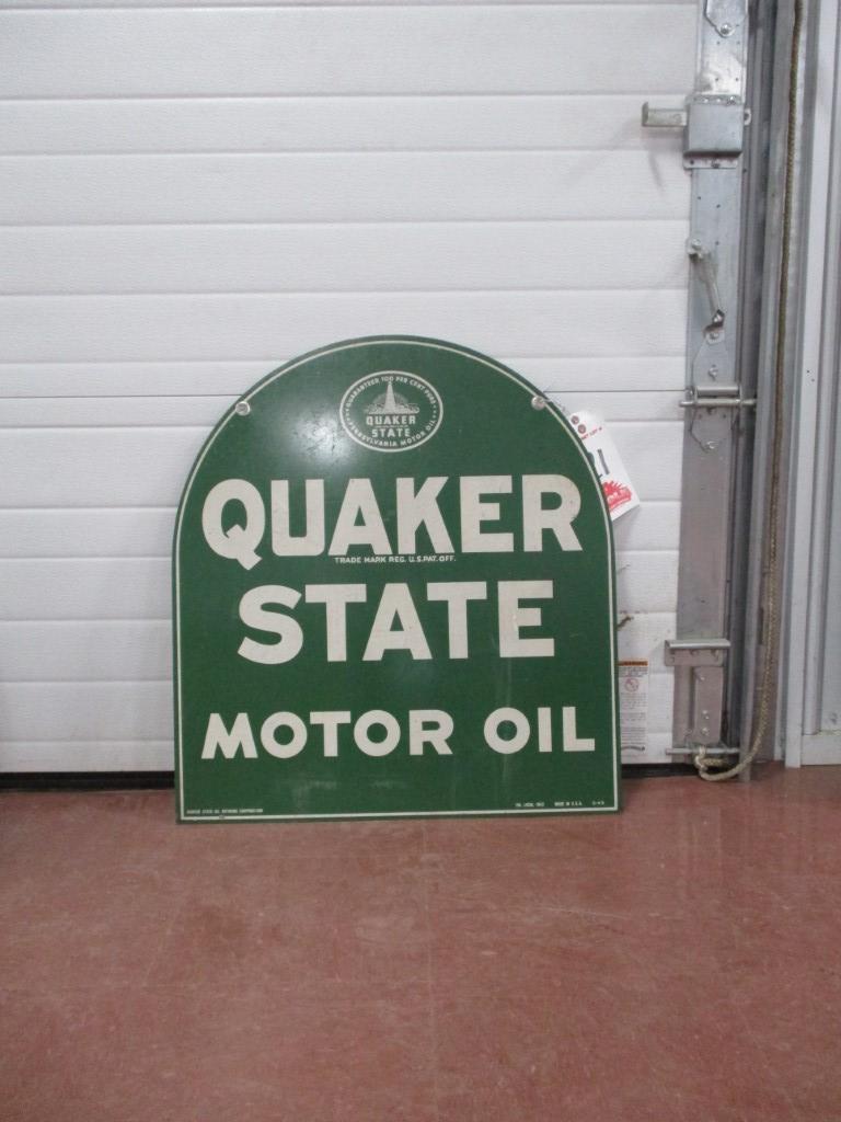 3565-26" X 29" DOUBLE SIDED QUAKER STATE TOMBSTONE, 1949 TIN SIGN