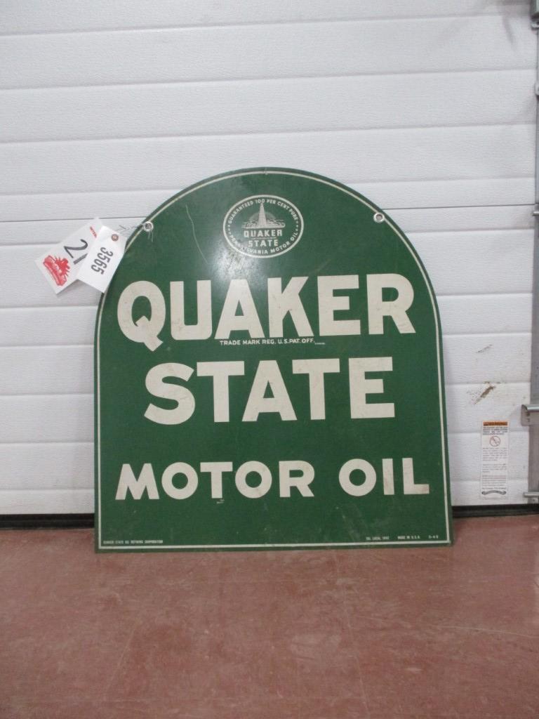 3565-26" X 29" DOUBLE SIDED QUAKER STATE TOMBSTONE, 1949 TIN SIGN
