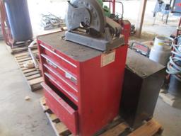 9614-PALLET OF (2) TOOL BOXES, CUTT OF SAW, DRAWBAR