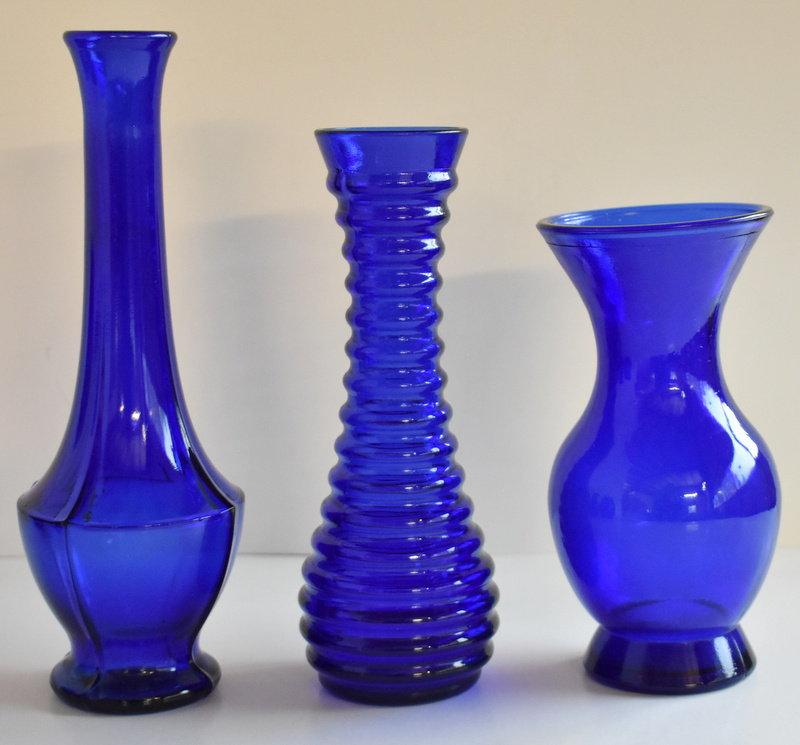 ASSORTED COBALT GLASS VASES