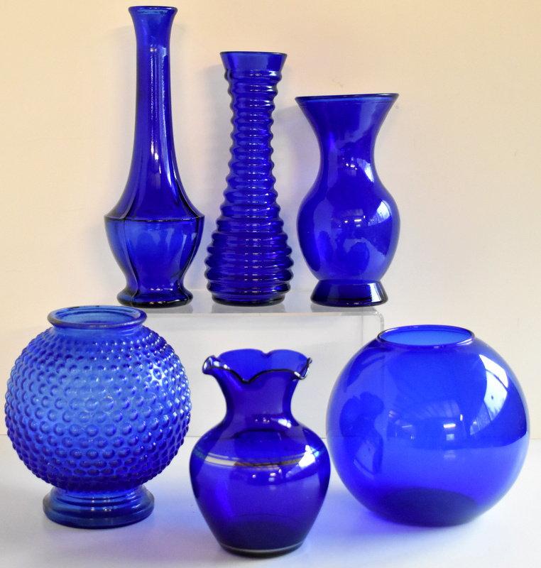 ASSORTED COBALT GLASS VASES