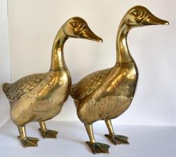 A PAIR OF BRASS GEESE