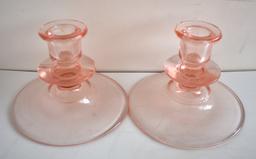 ASSORTED PINK DEPRESSION GLASS CANDLE HOLDERS