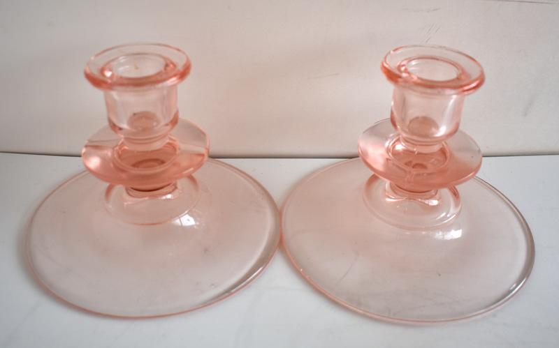 ASSORTED PINK DEPRESSION GLASS CANDLE HOLDERS