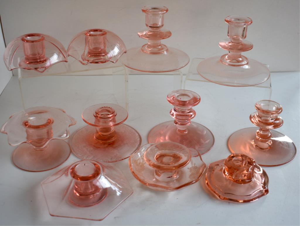 ASSORTED PINK DEPRESSION GLASS CANDLE HOLDERS