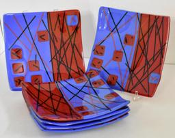 SET OF SIX RED AND LIGHT BLUE ART GLASS PLATES