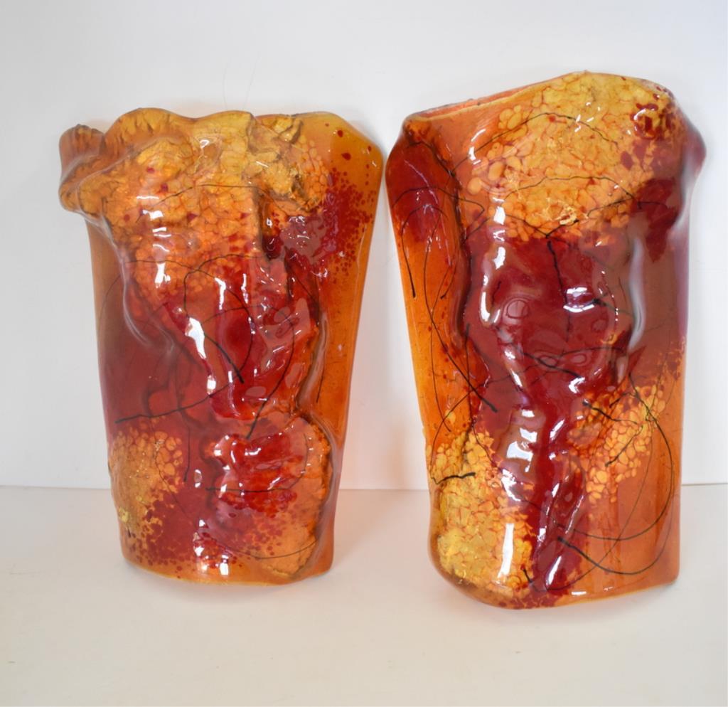 TWO RED/GOLD ART GLASS SCONCES BY CALIFORNIA ARTISAN