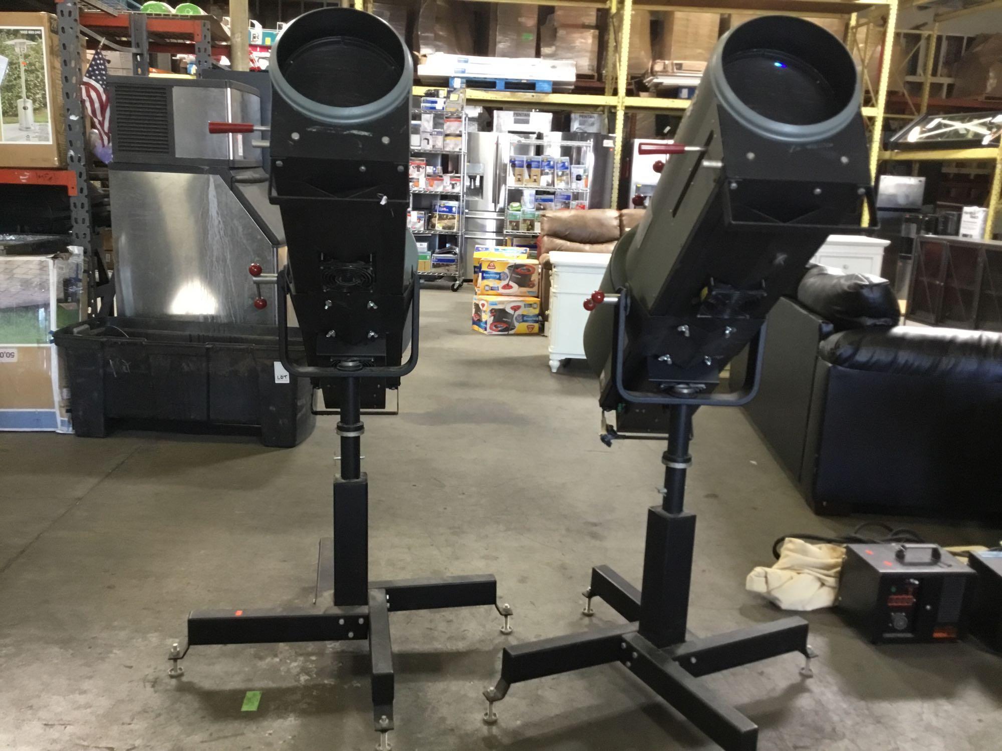(2) Strong 575 Series Followspot Spotlights on Non Rolling Stands