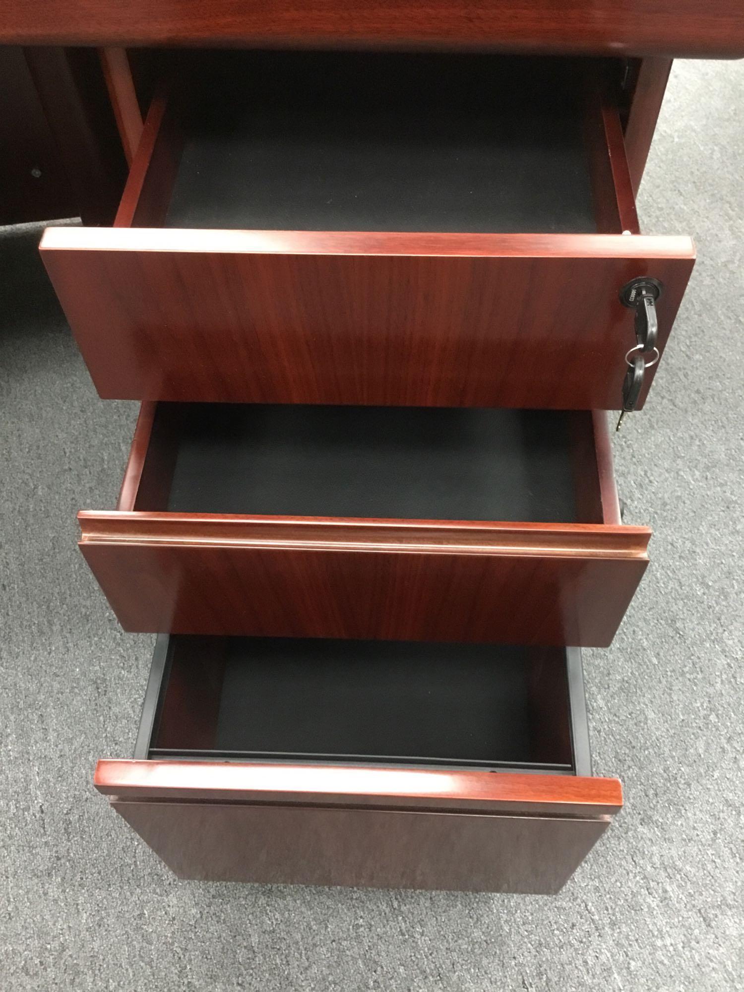 9ft. Left Return Chicago Executive Desk, 5ft. Tall Cabinet, Filing Drawer and Deluxe Glass Hutch