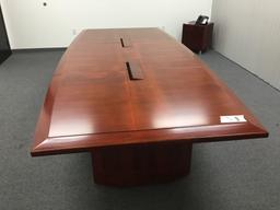 Baltimore Art Deco Boat Shape Conference Table w/8 Mid-Back Leather Chairs, Whiteboard Cabinet and 2