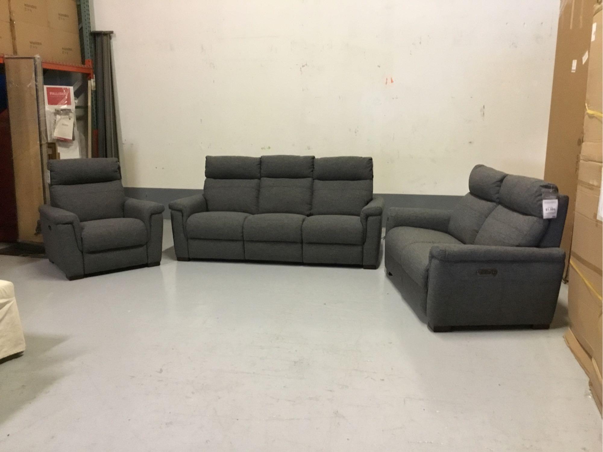 Violino Power-Reclining Manchester Pewter Fabric Sofa, Loveseat and Chair