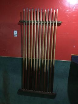 Lot of (10) Cue Sticks and Rack