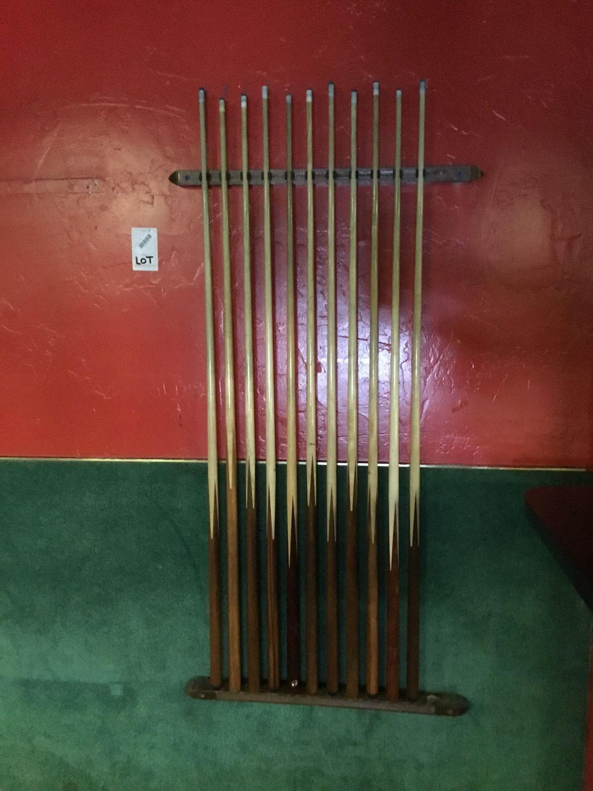 Lot of (10) Cue Sticks and Rack