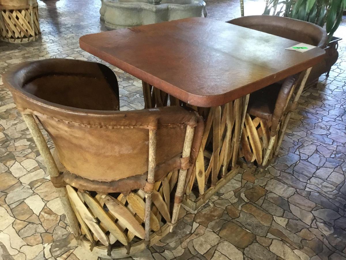 Jalisco Equipale Square Table w/(2) Matching Cushioned Leather Barrel Chairs