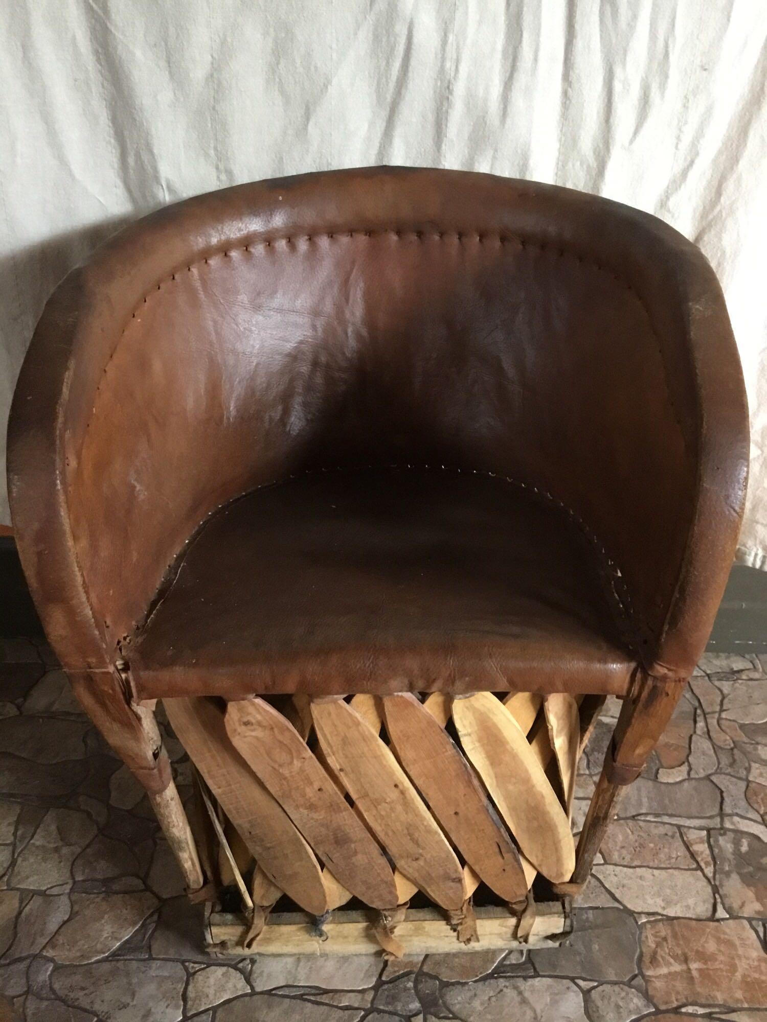 Jalisco Equipale Square Table w/(2) Matching Cushioned Leather Barrel Chairs