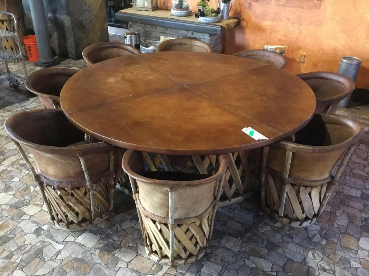 Jalisco Equipale Round Table w/(8) Matching Cushioned Leather Barrel Chairs