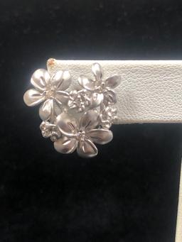 (2) Pairs of 14k White Gold Cluster Plumeria Broach