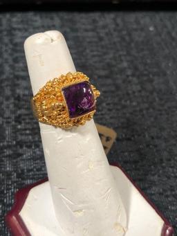 22k Gold Granulation Ring with Special Cut 3.4ct Amethyst