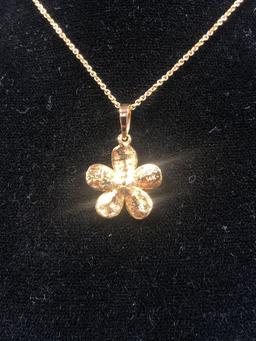 Plumeria Pendant with Diamond on 14k Chain