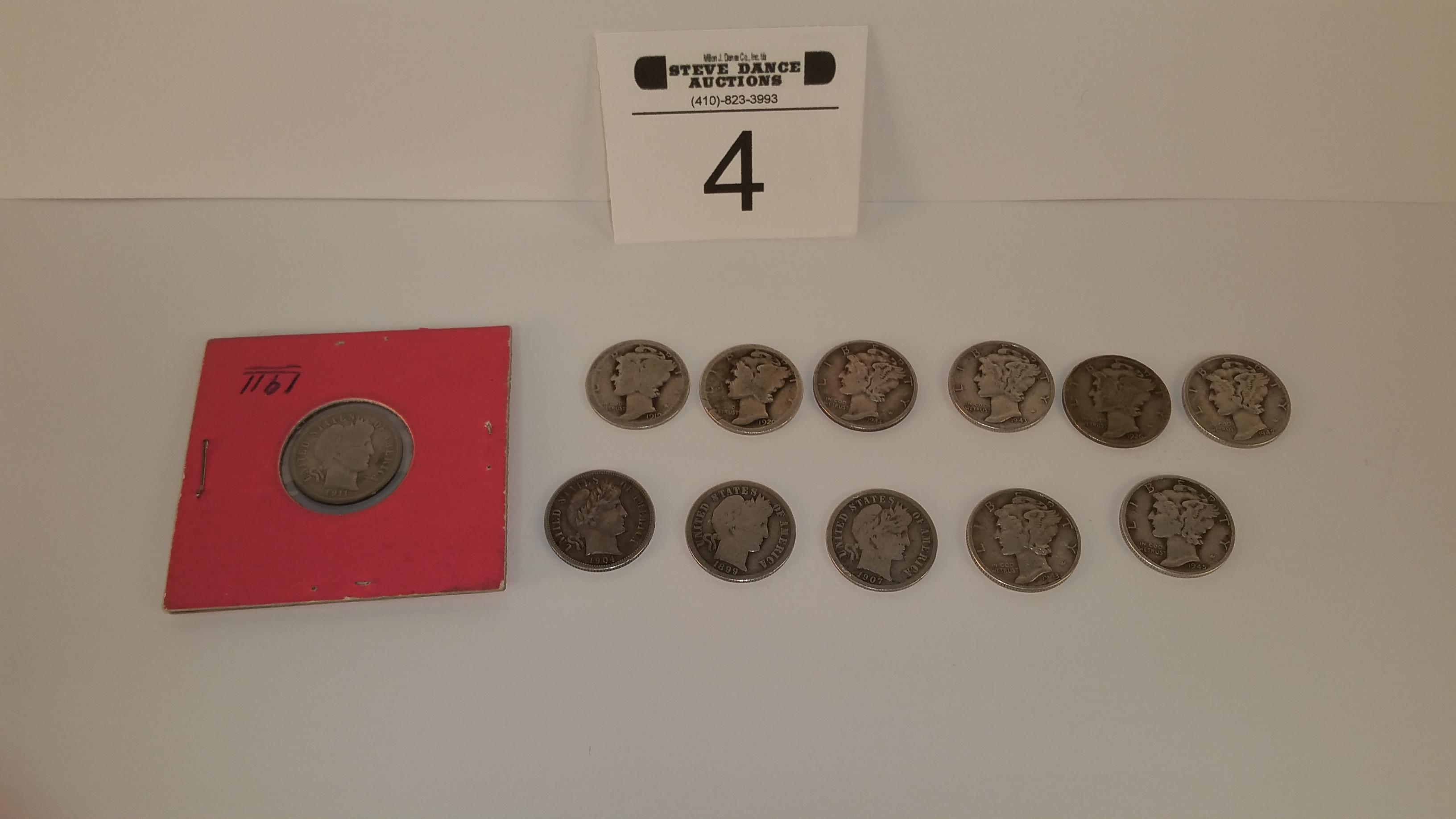 12 Silver Dimes (4- Barber And 8 Mercury)