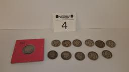 12 Silver Dimes (4- Barber And 8 Mercury)