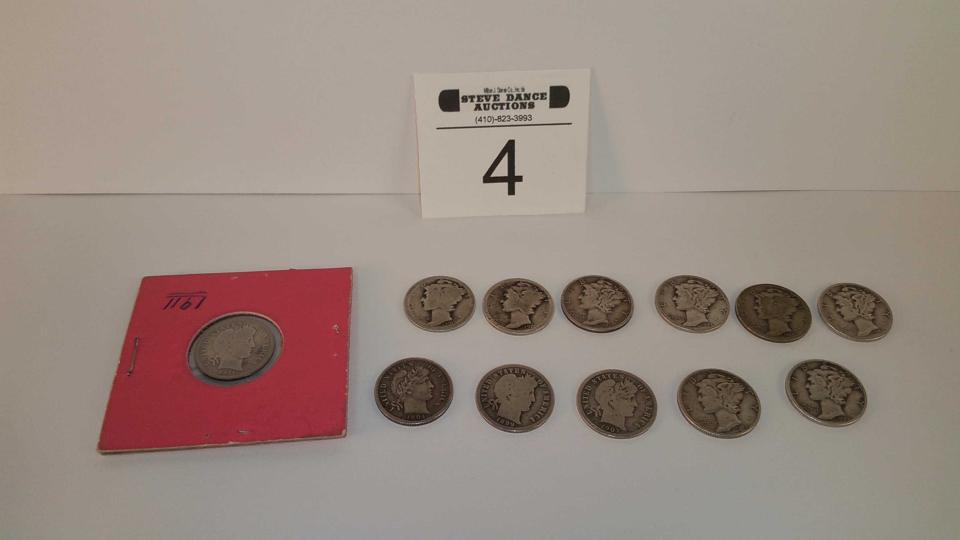 12 Silver Dimes (4- Barber And 8 Mercury)
