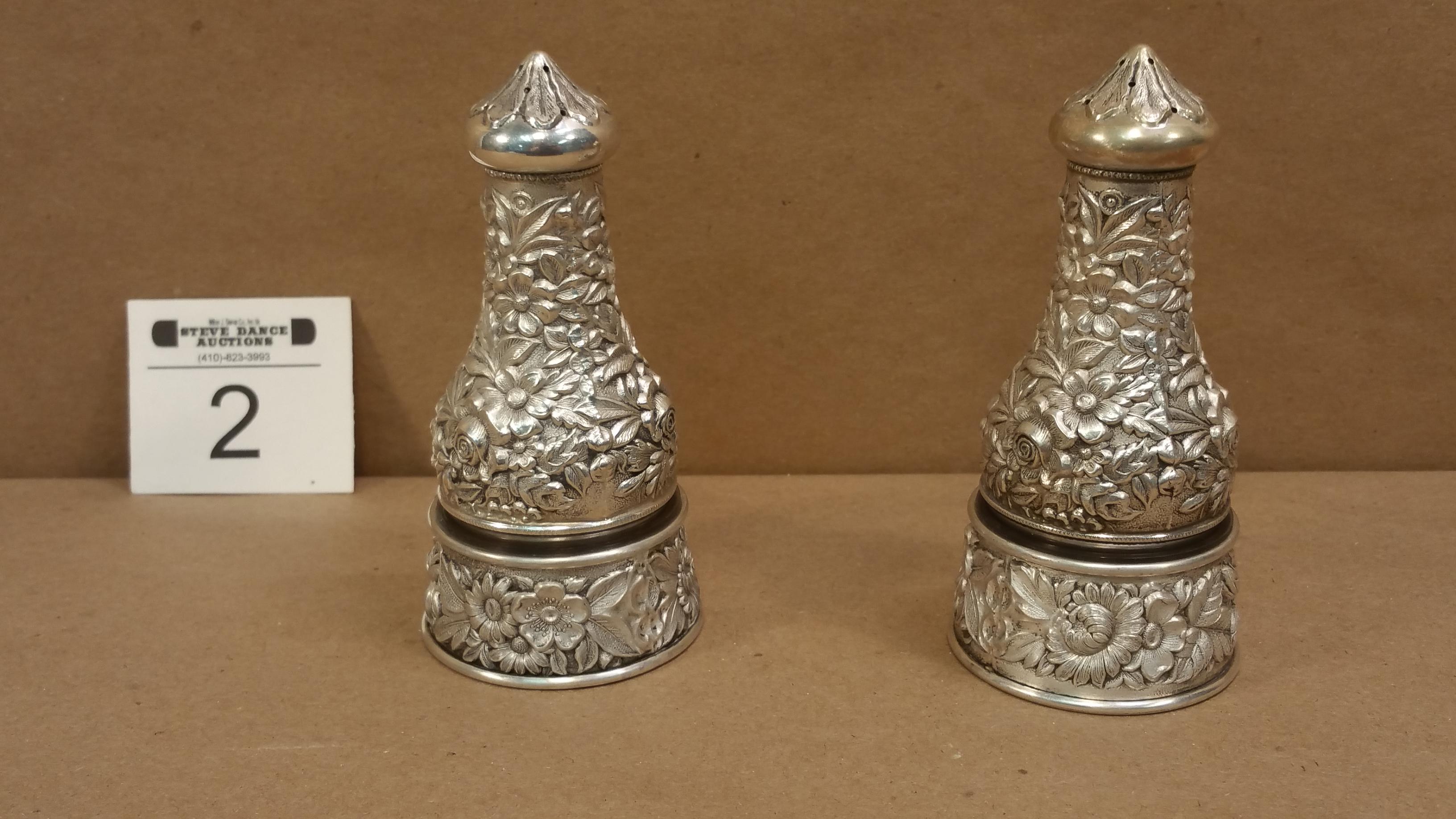 Sterling Silver Repousse Salt Dish & Pepper Shakers