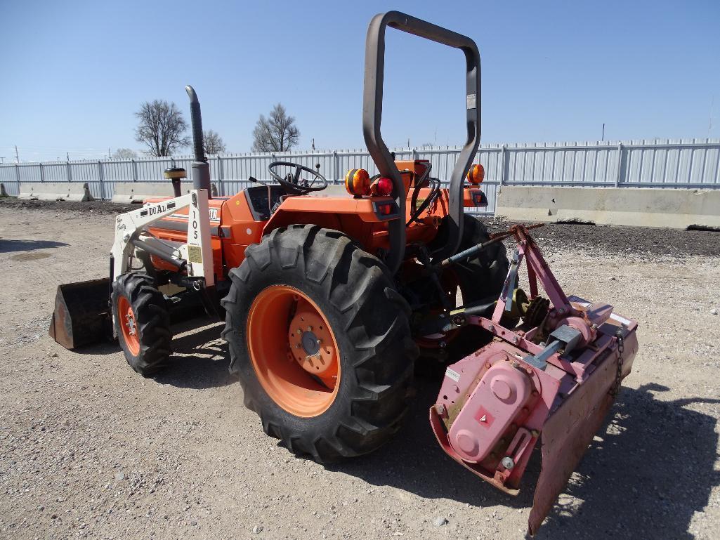 Kubota L2850 4WD Tractor/ Loader, 3-Pt, PTO, 57in Rototiller Attachment, Hour Meter Reads: 874, S/N: