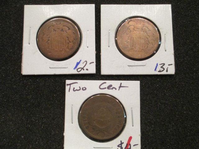 3 1800's 2 cent pieces con 346