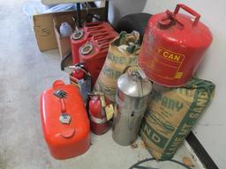 Jerry Gas Cans, Boat Gas Can, 2 Bags of salt, Fire Extinguisher, and spare tire