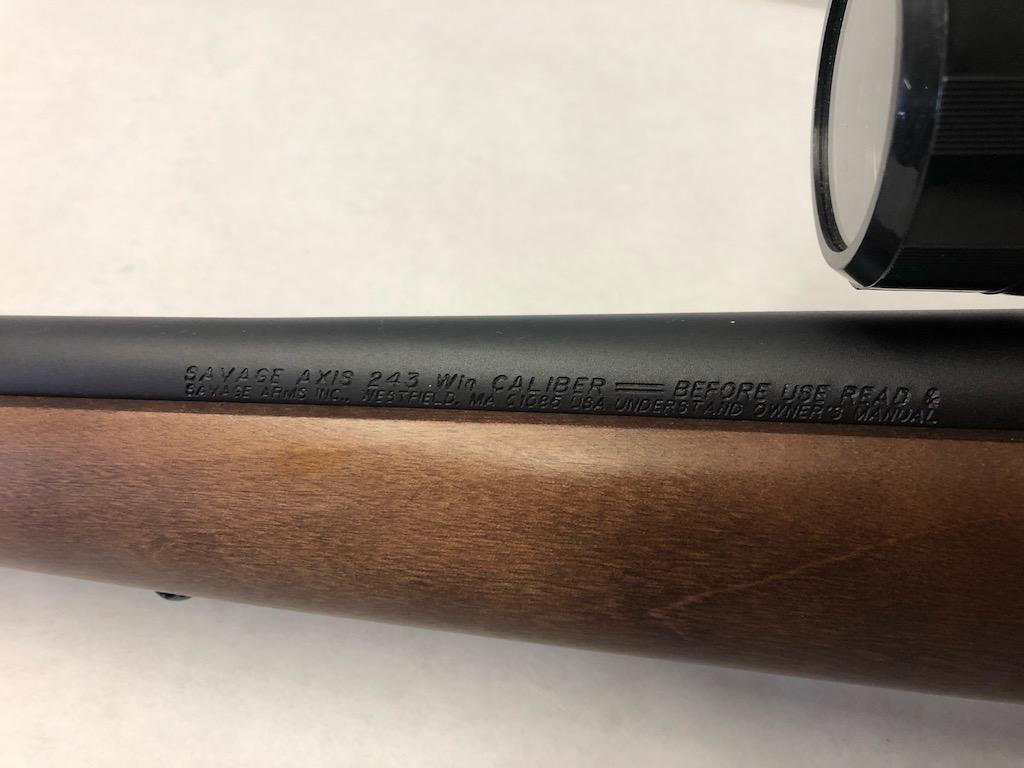 Savage Axis, 243 win, SN# K338105 with Weaver 3-9X40 Scope ( NEW)