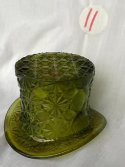 Fenton Glass Top Hat, Daisy Button Dish in Green