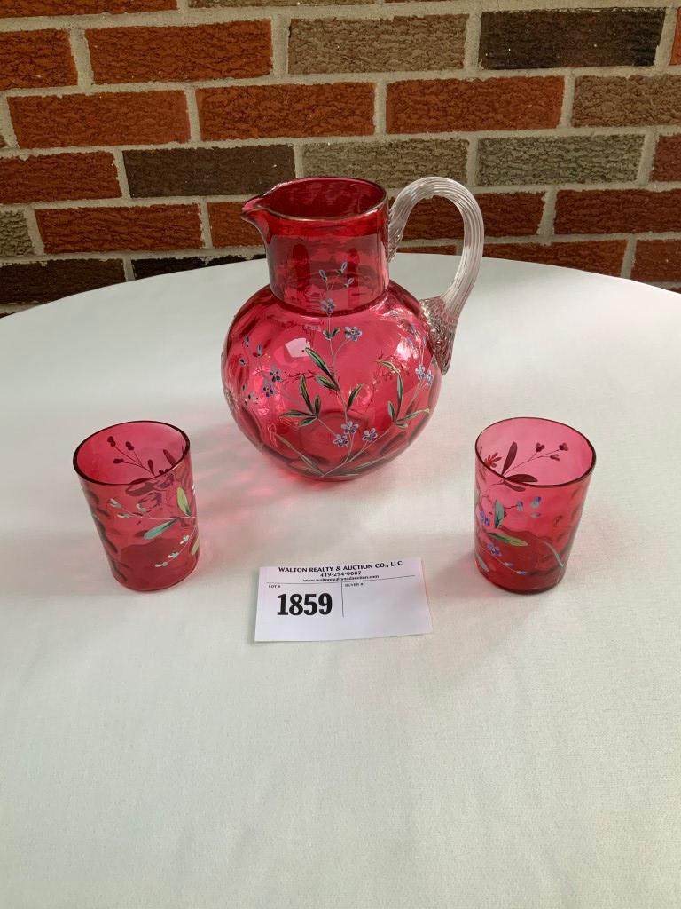 Beautiful Old Cranberry Glass Pitcher with 3 Matching Glasses with Flower Design (only 2 glasses pic