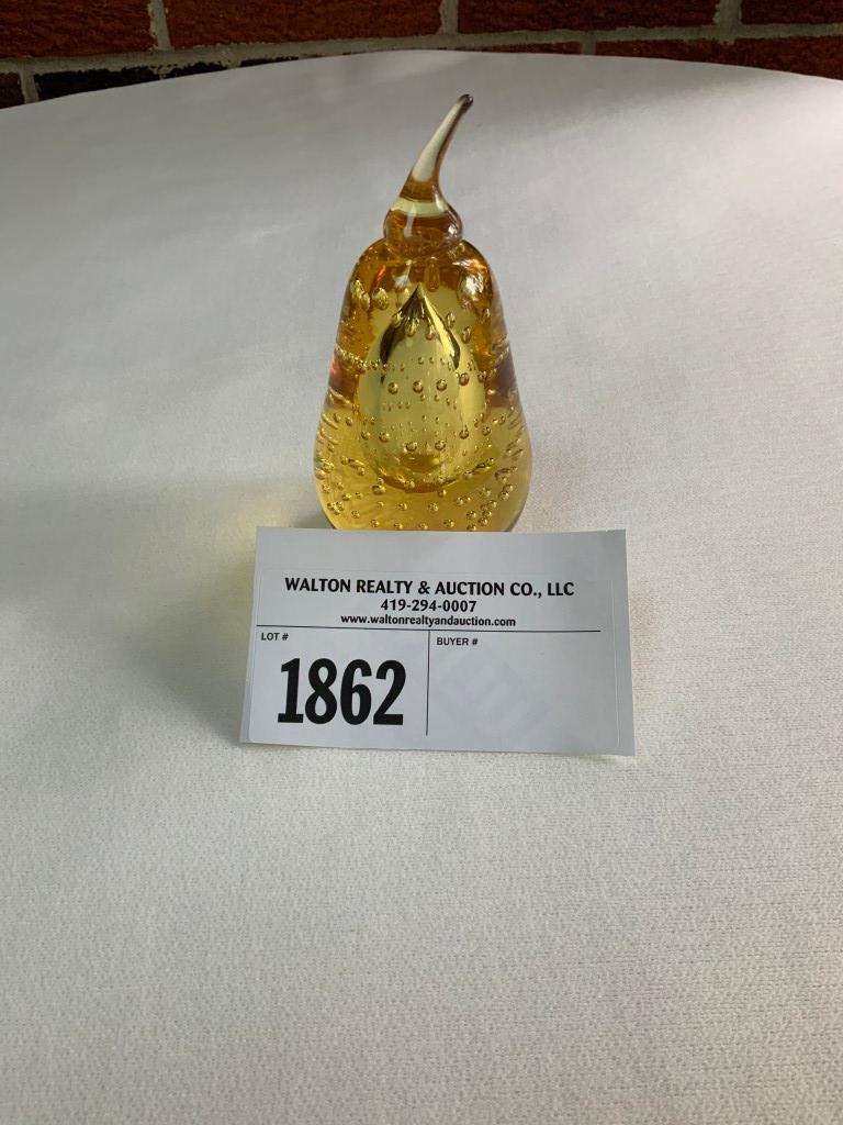 Tiffin Golden Glass Pear Paperweight with Large Bubble and Small Bubbles