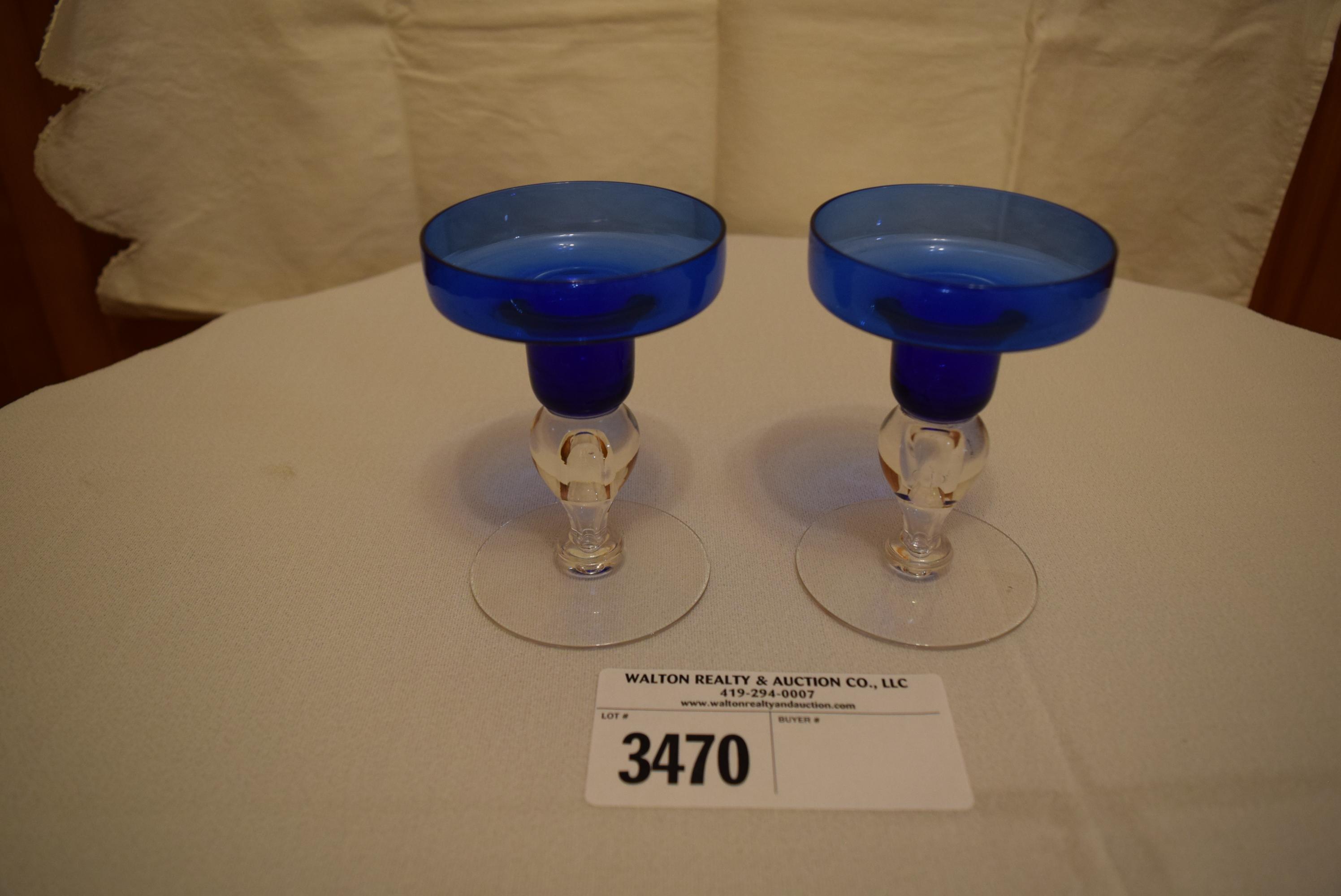 Tiffin Blue Candle Holders w/clear bubbled stem